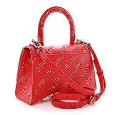 This is an authentic BALENCIAGA Smooth Calfskin Crystal Diagonal Allover Logo Hourglass Top Handle Bag XS in Flame. This stylish and structured handbag is crafted of red calfskin leather with a crystal overlay. The bag features a sturdy leather top handle with silver links, a prominent B logo on the front flap, and an optional, adjustable shoulder strap. The front flap opens with a silver magnetic snap closure to a smooth red leather interior. Crystal Overlay, Balenciaga Hourglass Bag, B Logo, Balenciaga Bag, Mini Purse, Chain Shoulder Bag, Handle Bag, Chain Bags, Leather Interior