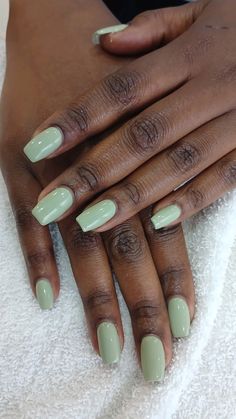 Simple Short Green Nails, Mint Matte Nails, Short Sage Green French Tip Nails, Mint Green Glitter Nails, Green Almond Nails Ideas, Sage Acrylics, Light Green Pedicure, Sage Pedicure, Sage Green Toe Nails