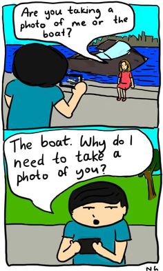 a comic strip with two people talking to each other and one is holding a camera