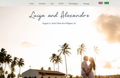 an image of a couple standing in front of the ocean at sunset with palm trees