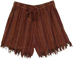 A fun pair of handmade cotton shorts with frilled hem, razor cut pattern on the back; these striped brown, red, etc.  shorts are a great way to wear the bohemian inside you. #tlb #bohemianfashion #Handmade #HippieShorts #BeachShorts Brown Bohemian Shorts, Brown Bohemian Shorts For Summer, Bohemian Brown Cotton Shorts, Bohemian Brown Shorts For Summer, Red Bohemian Cotton Shorts, Bohemian Red Shorts, Cotton Red Shorts For Festival, Red Cotton Shorts For Festivals, Red Cotton Festival Shorts