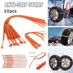 an assortment of orange and black car tires, with the words anti - slip strap 10 pcs