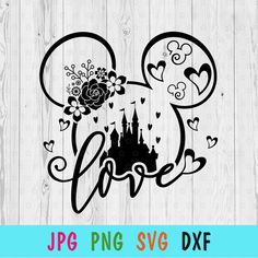 mickey mouse svg cut file with the word love in front of it and an image of