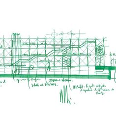 an architectural drawing with green ink on white paper