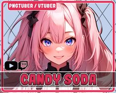 an anime character with long pink hair and blue eyes, in front of a sign that says candy soda