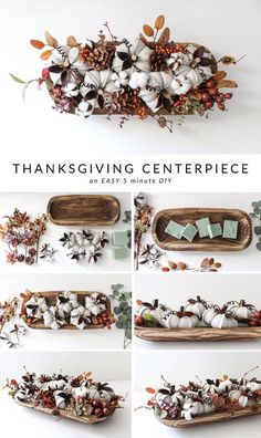 the thanksgiving centerpiece is decorated with white pumpkins and leaves