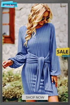 May Knit Dress - Blue Blue Solid Color Winter Dress, Chic Blue Long Sleeve Sweater Dress, Winter Blue Ribbed Dress, Blue Ribbed Dress For Winter, Chic Blue Knit Mini Dress, Blue Midi Length Sweater Dress For Fall, Elegant Blue Ribbed Sweater Dress, Spring Solid Color Knit Dress, Blue Ribbed Sweater Dress For Winter