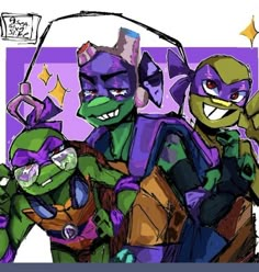 the teenage mutant ninjas are all dressed up in purple and green outfits, with one holding