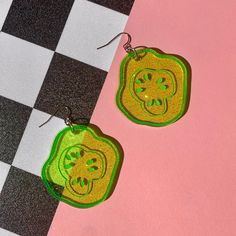 sparkly pickle earrings – PeachBeast Pickle Outfit, Laser Cut Acrylic Ideas, Pickle Earrings, Laser Earrings, Silly Earrings, Crazy Earrings, Weird Earrings, Special Earrings, Novelty Jewelry