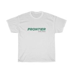 "Frontier Airlines Logo T-Shirt \"The current Frontier Airlines logo was unveiled in the fall of 2014. It looks like an italicized and slightly watered-down version of its predecessor. More importantly, it features the iconic \"F\" from the emblem created in 1978 by Saul Bass. Although the letter is now green instead of red, it creates a link with the former airline and also gives the design a truly unique touch.\" This heavy cotton tee has the classic cotton look and feel. Casual elegance will Casual Fan Merchandise T-shirt With Logo, Fan Merchandise Logo T-shirt Crew Neck, Fan Merchandise Logo T-shirt With Crew Neck, Basic Logo T-shirt, Basic Relaxed Fit Logo T-shirt, Fan Apparel Crew Neck Top With Logo, Graphic Tee With Logo For Fan Merchandise, Fan Merchandise Graphic Tee With Logo, Fan Merchandise Cotton Logo T-shirt