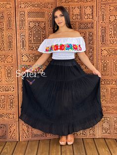 This beautiful and unique Maxi Skirt is not only stylish but is comfortable with elastic around the waist. You can mix and match this skirt with different tops to create so many cute looks! Note: This skirt comes in one size which fits sizes Small, Medium and Large. Long Skirt Outfits Mexican, Mexican Skirts Traditional, Traditional Multicolor Flowy Maxi Skirt, Mexican Maxi Skirt, Folklorico Skirt, Skirt Traditional, Colorful Skirt, Cute Looks, Skirt Ruffle