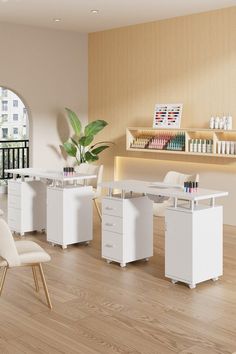 This manicure table can make your work easier with its 8 smooth wheels and a practical built in dust collector. It is capable of moving around in any direction easily and has 3 drawers and 1 cabinet for storing different sizes of nail polishes as well as equipment. Client comfort is prioritized with the removable wrist cushion.The nail table station comes with a leather wrist pillow, providing ergonomic support for your clients during their manicure sessions. Additionally, the built-in dust collector at the center of the top plank ensures a clean and debris-free workspace. This feature not only saves valuable time by quickly removing nail debris but also reduces fatigue from manual cleaning, allowing you to focus on delivering top-notch services. Nail Desk Ideas, Artist Desk, Nail Salon Interior Design, Nail Salon Interior, Nails Professional, Nail Desk, Nail Table, Makeup Desk, Manicure Table