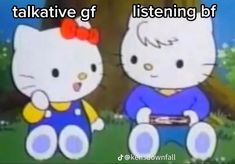 two hello kitty sitting next to each other in front of a tree with the caption'i talkative gf listening bt