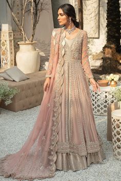 Detailing: Stones, Motifs, Pearls, Dabka, Kora, Sitara, Naqshi, Floral designs Color: Rose Gold, Pink Fabric: Net, Tissue Design: Fully embellished, Embroidery, Silverwork, Floral motifs Event: Wedding, Bridal wear Net Gowns, Walima Dress, Desi Wedding Dresses, Desi Fits, Pakistani Wedding Dress, Desi Outfits, Pakistani Fashion Party Wear, Pakistani Fancy Dresses, Pakistani Clothes