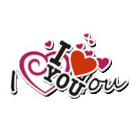 i love you sticker with hearts on the bottom and words in red, orange, and black