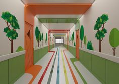 an image of a hallway with trees painted on the walls and colorful striped flooring