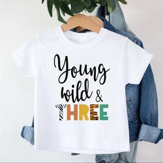 Custom Screen Printed Young Wild And Three T Shirt Size Small Length = 20in Width = 14.5in Brand New Never Worn Playful White Slogan T-shirt, Playful White T-shirt With Slogan, Young Wild And Three, Third Birthday Shirt, Custom Screen Printing, Third Birthday, Three Kids, Birthday Shirt, Birthday Shirts