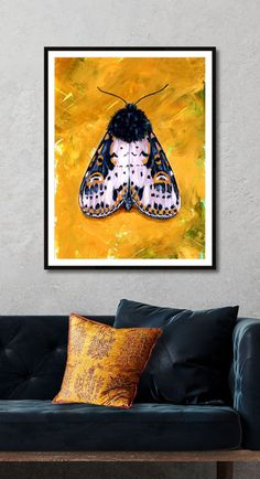 Moth art print of purple moth on golden background hanging over a teal velvet sofa Moth Artwork, Dreamy Nature, Moth Art Print, Wood Gallery Frames, Moth Art, Art Print Collection, Insect Art, Interior Design Art, Paintings & Prints