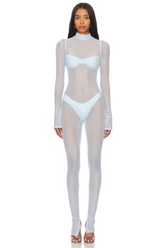 Self: 94% polyester 6%elastane.  Made in U.S.A.  Machine wash cold.  Hidden back zipper closure.  Mesh fabric.  Garment is intentionally sheer, undergarments will show through., Please note undergarment not included.  .  Shoulder seam to hem measures approx 57" in length.  .  .  .  .  .  .  .  . Stretch Nylon Bodysuit With Sheer Sleeves, Stretch Polyamide Bodysuit, Sheer Stretch Polyamide Bodysuit, Stretch Sheer Polyamide Bodysuit, Sheer Second-skin Nylon Bodysuit, Fitted Nylon Unitard For Swimming, Polyamide Bodysuit For Swimming, Second-skin Polyamide Bodysuit For Party, Sheer Fitted Polyamide Bodysuit