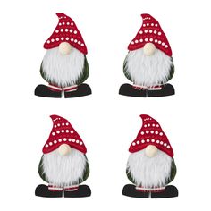 four gnomes with red and white hats on their heads, one is wearing a polka dot hat