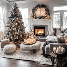 a living room filled with furniture and a christmas tree in front of a fire place