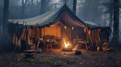 a tent in the woods with a fire burning inside