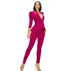 Magenta Peplum Jumpsuit Available In Size Small Medium Large Model Is Wearing A Size Small Small 2-4 Medium 6-8 Large 10-12 Chic Fitted Pink Jumpsuits And Rompers, Elegant Pink Stretch Jumpsuits And Rompers, Fitted Solid Color Sets With Ruffles, Fitted Peplum Sets For Spring, Fitted Long Sleeve Jumpsuits And Rompers With Ruffles, Fitted Ruffle Sets For Night Out, Chic Fitted Pink Bodysuit, Fitted Jumpsuits And Rompers With Ruffles And Long Sleeves, Fitted Ruffles Set For Night Out