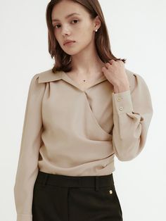 Composition : POLY 100Color : Light beige, BeigeCountry of Origin : KOREA Chic Taupe V-neck Top, Versatile Beige V-neck Blouse, Beige Fall Blouse For Workwear, Beige Blouse For Workwear In Fall, Beige Blouse For Fall Workwear, Cream V-neck Top For Work, Feminine Beige Blouse For Office, Elegant Beige Top For Work, Feminine Beige Workwear Blouse