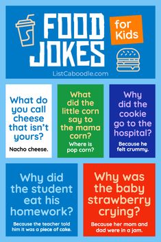 the poster for food jokes is shown in four different colors