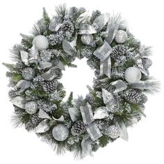 a christmas wreath with silver and silver decorations