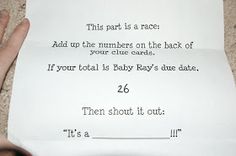 someone holding up a piece of paper that says,'this part is a race add up the numbers on the back of your car if your local baby ray's due date