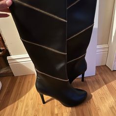 Black Knee High Letter Boots With Gold Zipper Trim Never Worn Knew High Boots, Black Knees, Gold Zipper, Shoes Heels Boots, High Boots, Shoes Women Heels, Knee High, Heeled Boots, Shoes Heels