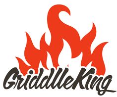 the grilling king logo is red and black with flames coming out of it's sides