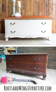 an old dresser is painted white and has been turned into a sideboard with drawers