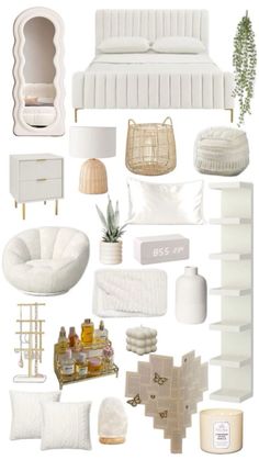 a collage of white furniture and accessories including pillows, lamps, vases, bedding