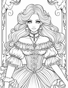 a coloring page with a woman in a dress