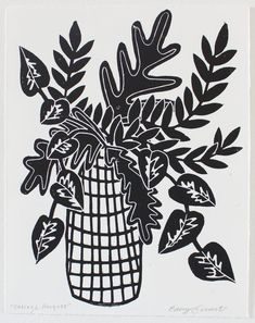 a black and white drawing of some plants in a vase with leaves on the side