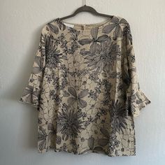 New Never Worn. Size Medium. Linen. Beige Floral Print Tops For Brunch, Beige Floral Print Blouse For Brunch, Spring Taupe Blouse, Chic Beige Floral Print Tops, Spring Taupe Tops For Workwear, Bryn Walker, Slouchy Top, Long Sleeve Layer, Oversized Tunic