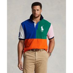 An American style standard since 1972 the Polo shirt has been imitated but never matched. Over the decades Ralph Lauren has reimagined his signature style in a wide array of colors and fits yet all retain the quality and attention to detail of the iconic original. This color-blocked Big & Tall version features a twill “3” patch representing the number typically worn by a polo team’s strongest player. Ralph Lauren partners with Better Cotton™ to improve cotton farming globally. Better Cotton trai Multicolor Cotton Shirt With Contrast Color, Multicolor Contrast Cotton Shirt, Multicolor Collared Top With Color Matching, Collared Cotton Top With Color Matching, Cotton Collared Top With Color Matching, Casual Multicolor Shirt With Contrast Color, Multicolor Collared Color Block Tops, Ralph Lauren Multicolor Cotton Top, Ralph Lauren Multicolor Casual Tops