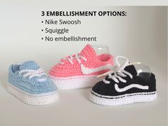 three pairs of crocheted tennis shoes with the words 3 variations of finishing included