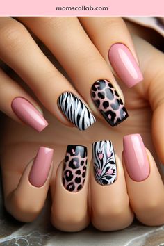 10 Gorgeous and Easy Pink and Black Nail Art Ideas Medium Nail Art Designs, Pink And Black Manicure, Cute Diy Nails, 2 Color Nail Ideas, Black And Pink Nails Ideas, Pink And Black Nail Art, Nail Art Animal Print, Leopard Nail Art Designs, Uñas Animal Print