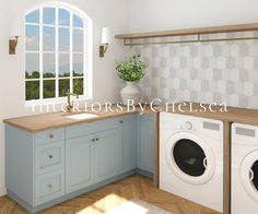 a washer and dryer are in the corner of this laundry room, with an open window