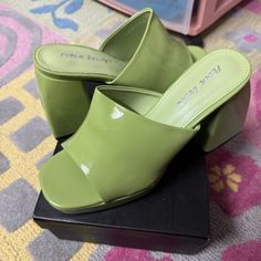 Public Desire Wide Fit Oreo Heeled Mules In Lime Patent Size Uk 4 (So Us 6) Wide Fit Brand New In Box! I'm A 7.5 And They Fit Me Comfortably Too! Trendy Green Slip-on Heels, Spring Patent Leather Wedge Heels, Spring Patent Leather Slip-on Heels, Chic Green Slip-on Heels, Trendy Green Heels With Branded Heel Counter, Green Patent Leather Spring Heels, Green Patent Leather Heels For Spring, Spring Green Patent Leather Heels, Casual Green Heels With 4-inch Heel