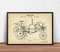 an old tractor blueprint on a wall