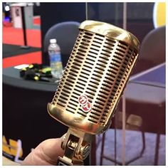 a person holding a gold colored microphone in front of a red carpeted room with tables and chairs