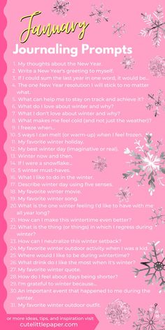 a pink poster with white snowflakes and the words january journaling prompts