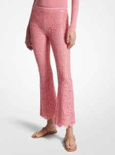 These pants combine hand-embroidered floral lace, a bootleg cut, and scalloped trim for a romantic upgrade to the wardrobe staple. Complete with a concealed zip closure, they look especially effortless worn with a featherweight cashmere sweater in a similar hue. Pink Stretch Lace Bottoms, Fitted Pink Embroidered Pants, Pink Floral Print Loungewear Pants, Stretch Lace Wide-leg Pants, Pink Floral Embroidered Winter Cardigan, Michael Kors Shop, Michael Kors Flats, Sequin Pants, Lace Pants