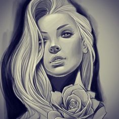 a drawing of a woman with long blonde hair and a rose in her lapel