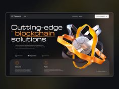 the website for cutting edge blockchain solutions is displayed on a computer screen with an orange ribbon in front of it