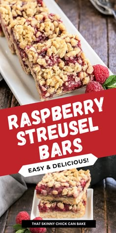 raspberry streusel bars are stacked on top of each other with berries